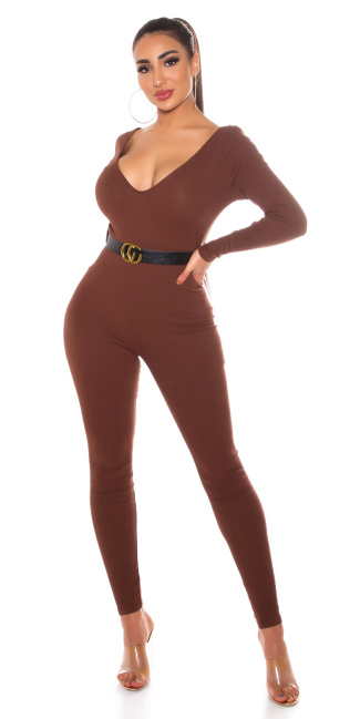 V-Neck Overall with Belt Brown
